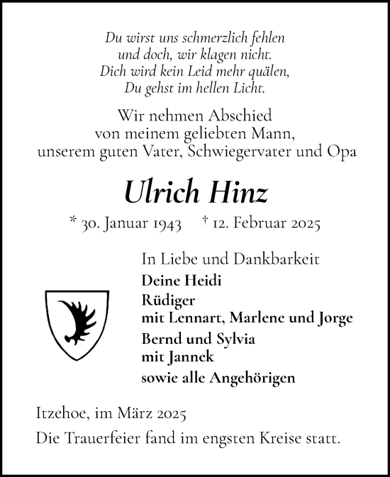 Traueranzeige von Ulrich Hinz von Norddeutsche Rundschau, Wilstersche Zeitung, Glückstädter Fortuna