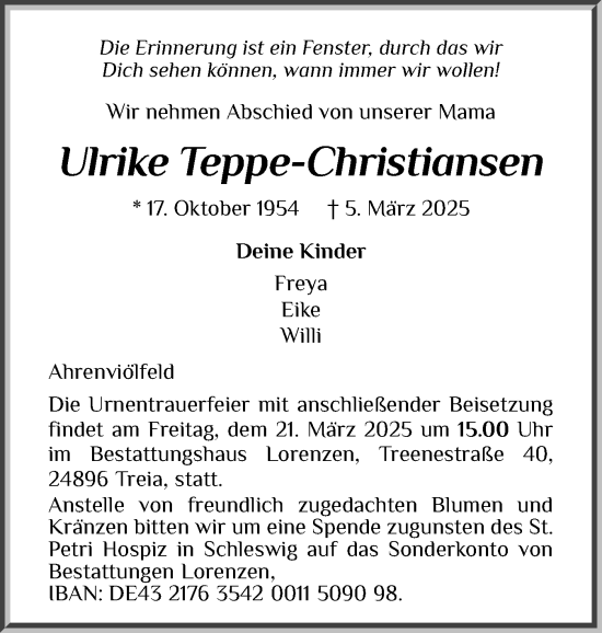 Traueranzeige von Ulrike Teppe-Christiansen von Schleswiger Nachrichten, Schlei-Bote