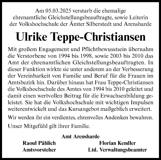 Traueranzeige von Ulrike Teppe-Christiansen von Schleswiger Nachrichten, Schlei-Bote