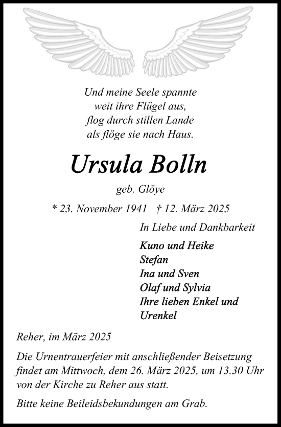 Traueranzeige von Ursula Bolln von Norddeutsche Rundschau, Wilstersche Zeitung, Glückstädter Fortuna