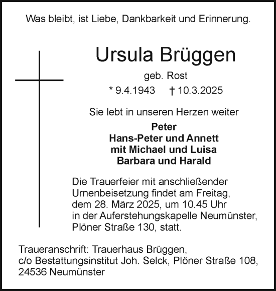 Traueranzeige von Ursula Brüggen von Holsteinischer Courier