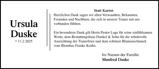 Traueranzeige von Ursula Duske von MARKT Ratzeburg/Mölln