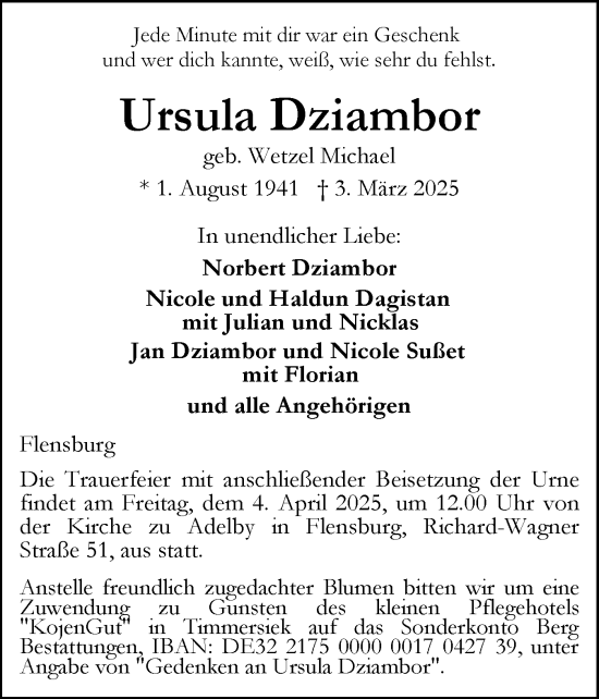 Traueranzeige von Ursula Dziambor von Flensburger Tageblatt