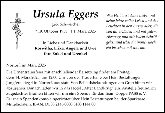 Traueranzeige von Ursula Eggers von Schleswig-Holsteinische Landeszeitung