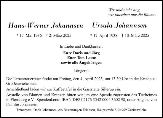 Traueranzeige von Ursula Johannsen von Flensburger Tageblatt