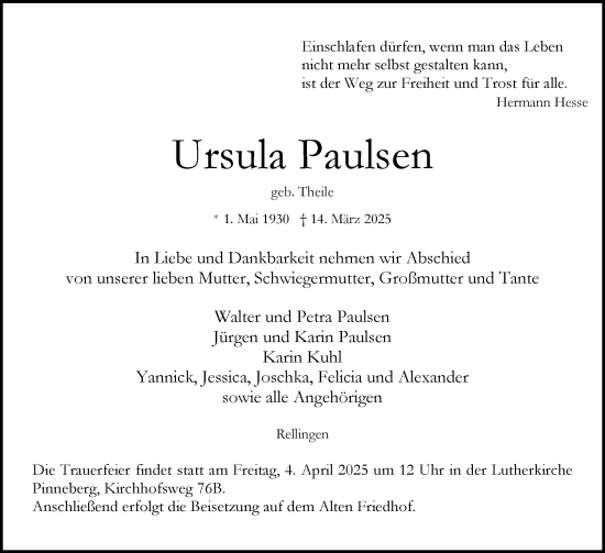 Traueranzeige von Ursula Paulsen von Region Pinneberg und tip Pinneberg