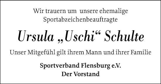 Traueranzeige von Ursula Schulte von Flensburger Tageblatt
