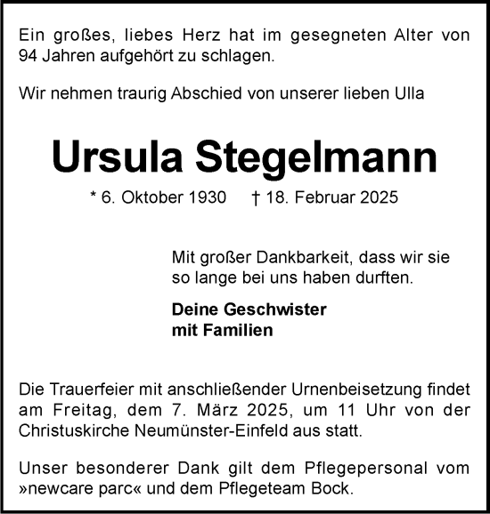 Traueranzeige von Ursula Stegelmann von Holsteinischer Courier