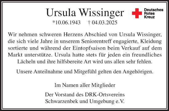 Traueranzeige von Ursula Wissinger von Wochenend Anzeiger