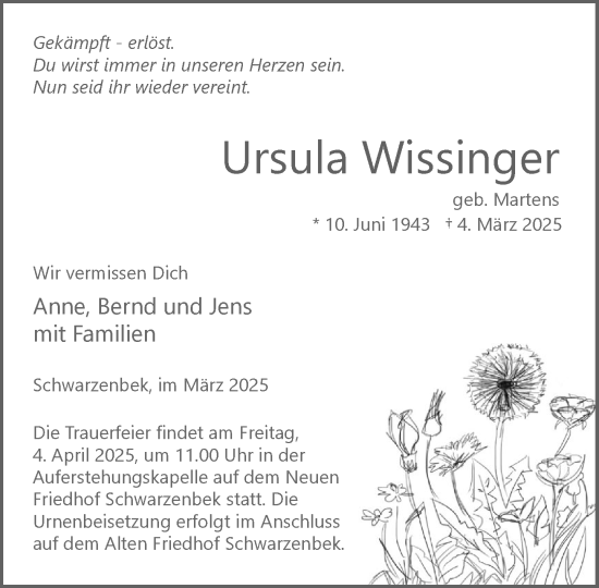 Traueranzeige von Ursula Wissinger von Wochenend Anzeiger