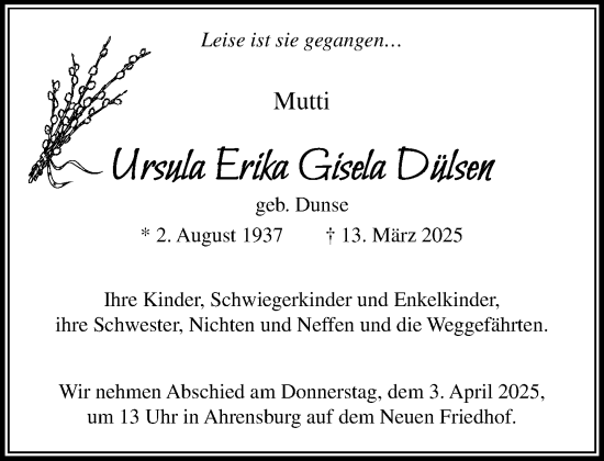Traueranzeige von Ursula Erika Gisela Dülsen von MARKT Ahrensburg/Bargteheide/Trittau und Stormarner Tageblatt