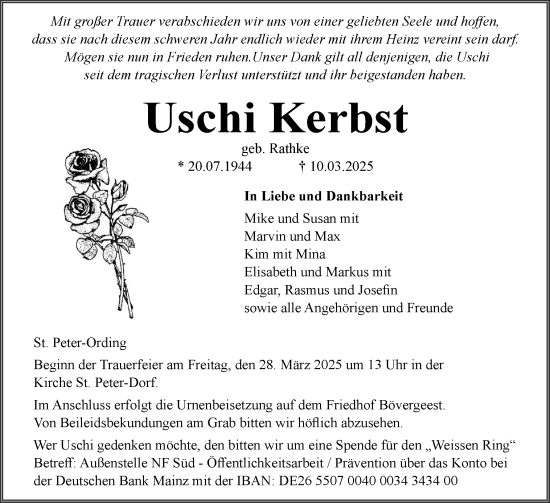 Traueranzeige von Uschi Kerbst von Husumer Nachrichten, Nordfriesland Tageblatt