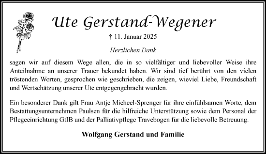 Traueranzeige von Ute Gerstand-Wegener von MARKT Bad Oldesloe/Reinfeld und Stormarner Tageblatt
