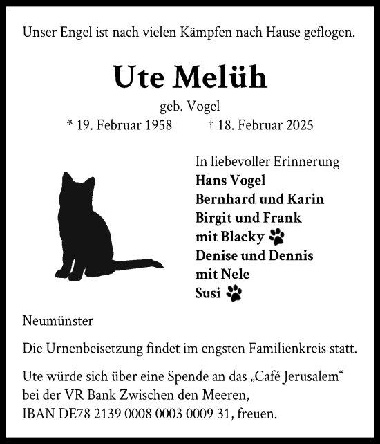 Traueranzeige von Ute Melüh von Holsteinischer Courier