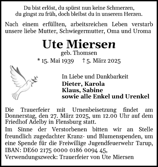Traueranzeige von Ute Miersen von Die WochenSchau Gesamtausgabe