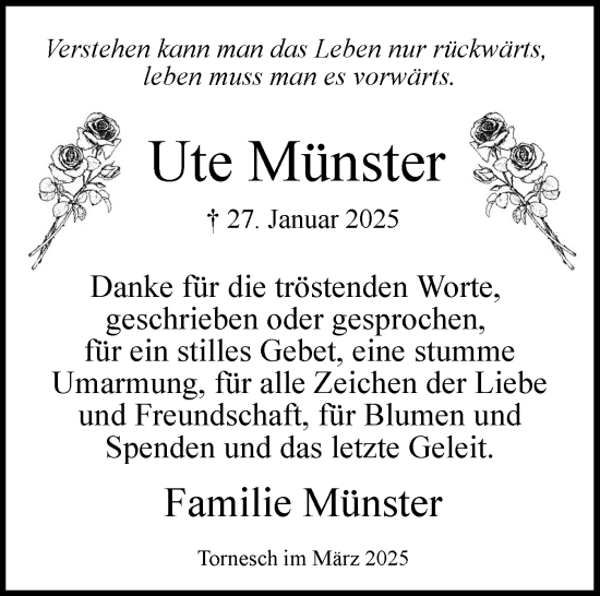 Traueranzeige von Ute Münster von Uetersener Nachrichten, Der tip am Wochenende