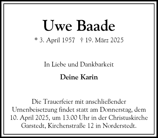 Traueranzeige von Uwe Baade von Heimatspiegel