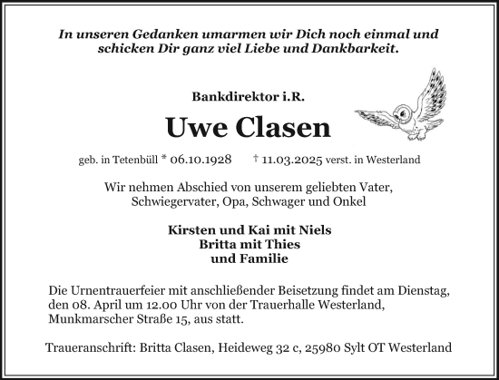 Traueranzeige von Uwe Clasen von Sylter Rundschau