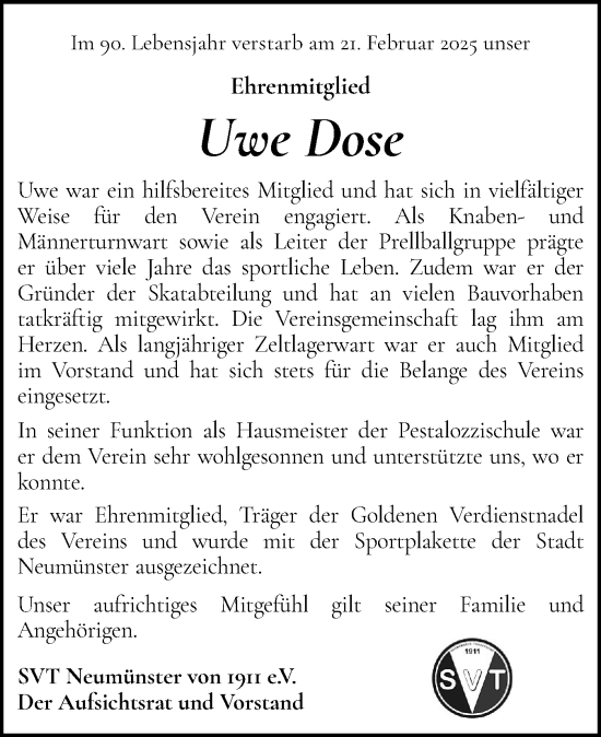 Traueranzeige von Uwe Dose von Holsteinischer Courier