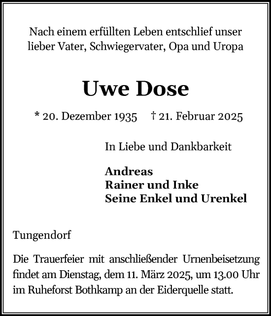 Traueranzeige von Uwe Dose von Holsteinischer Courier