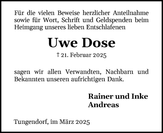 Traueranzeige von Uwe Dose von Holsteinischer Courier