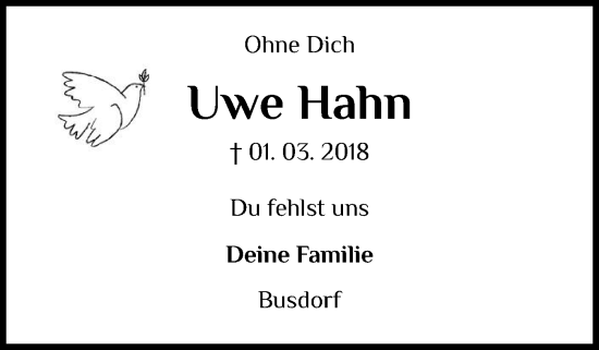Traueranzeige von Uwe Hahn von Schleswiger Nachrichten, Schlei-Bote