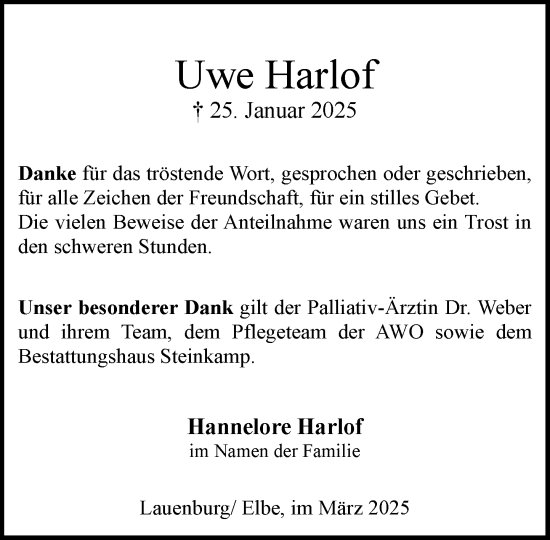 Traueranzeige von Uwe Harlof von Wochenend Anzeiger