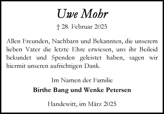 Traueranzeige von Uwe Mohr von Flensburger Tageblatt