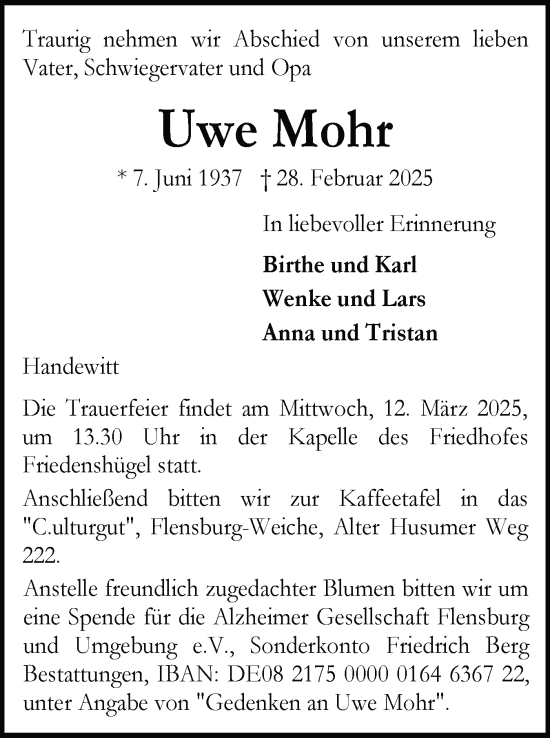 Traueranzeige von Uwe Mohr von Flensburger Tageblatt