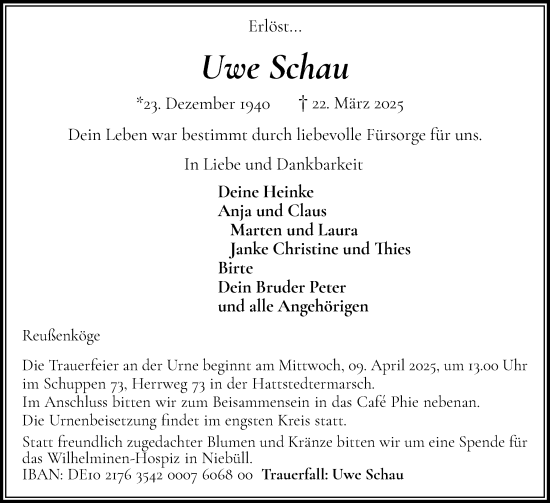 Traueranzeige von Uwe Schau von Region Flensburg
