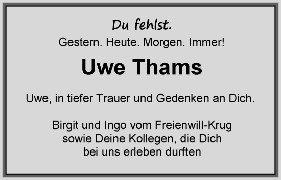 Traueranzeige von Uwe Thams von Flensburger Tageblatt
