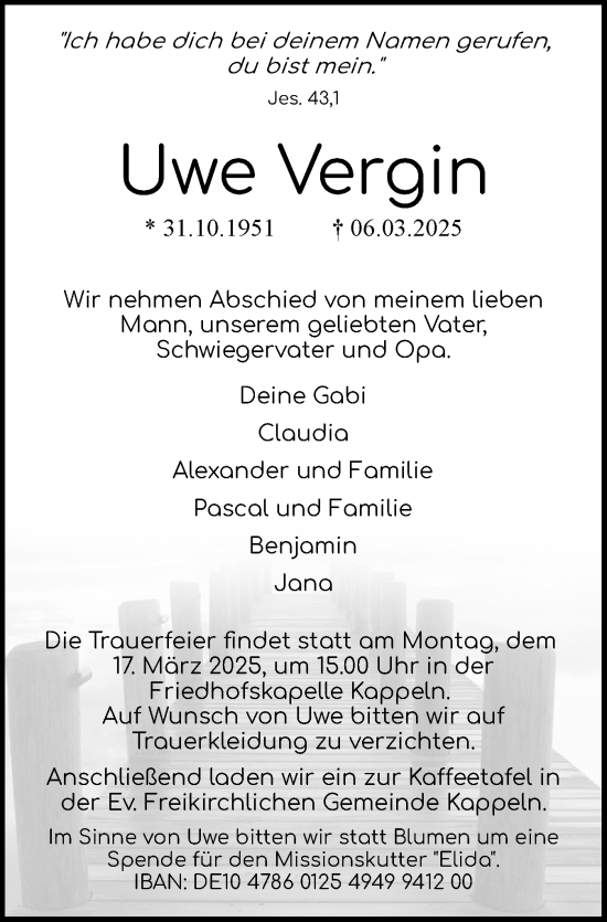 Traueranzeige von Uwe Vergin von Schleswiger Nachrichten, Schlei-Bote