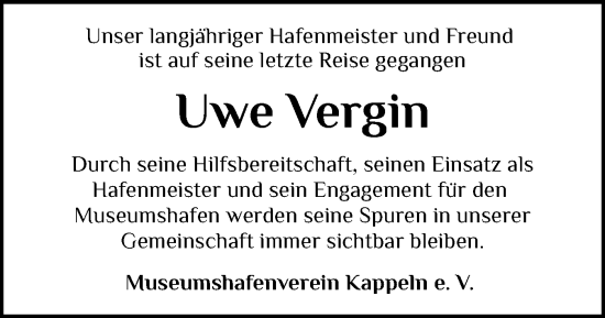 Traueranzeige von Uwe Vergin von Schleswiger Nachrichten, Schlei-Bote
