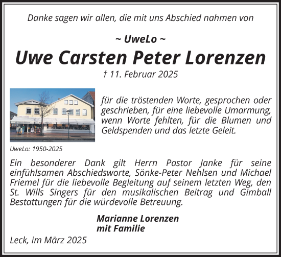 Traueranzeige von Uwe Carsten Peter Lorenzen von Region Flensburg