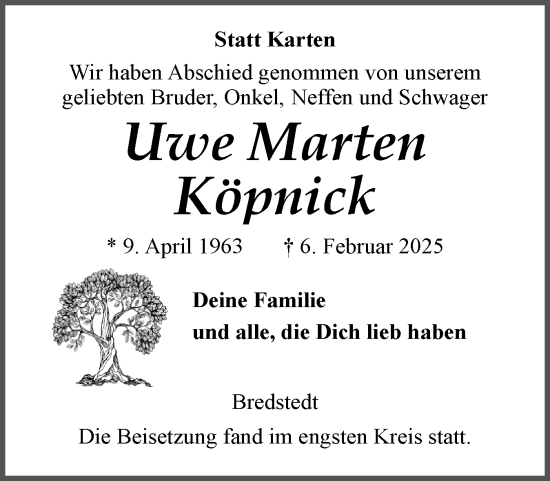 Traueranzeige von Uwe Marten Köpnick von Husumer Nachrichten, Nordfriesland Tageblatt