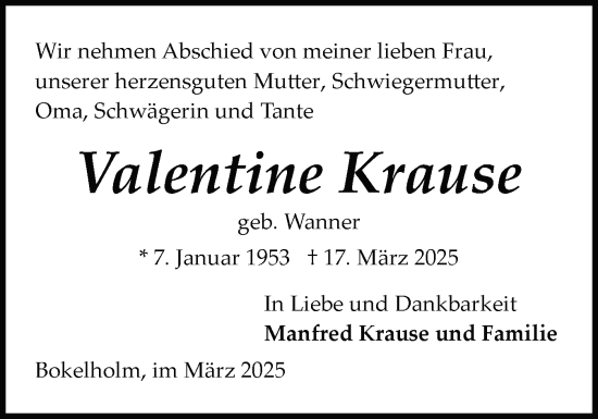 Traueranzeige von Valentine Krause von Schleswig-Holsteinische Landeszeitung