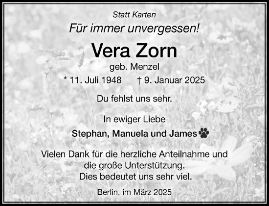 Traueranzeige von Vera Zorn von MARKT Glinde/Reinfeld
