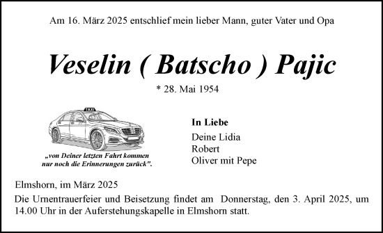 Traueranzeige von Veselin Pajic von Elmshorner Nachrichten, Barmstedter Zeitung