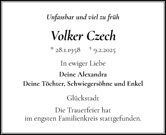 Traueranzeige von Volker Czech von Norddeutsche Rundschau, Wilstersche Zeitung, Glückstädter Fortuna