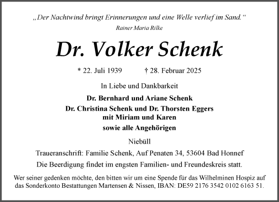 Traueranzeige von Volker Schenk von Husumer Nachrichten, Nordfriesland Tageblatt