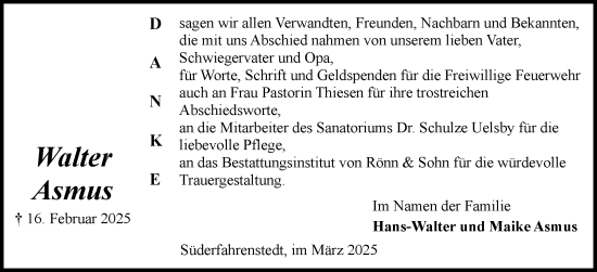 Traueranzeige von Walter Asmus von Schleswiger Nachrichten, Schlei-Bote