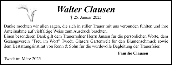 Traueranzeige von Walter Clausen von Schleswiger Nachrichten, Schlei-Bote