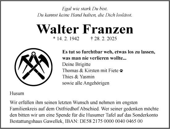 Traueranzeige von Walter Franzen von Husumer Nachrichten, Nordfriesland Tageblatt