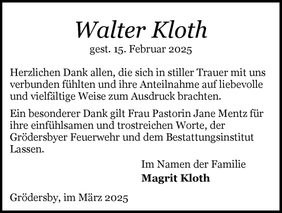 Traueranzeige von Walter Kloth von Schleswiger Nachrichten, Schlei-Bote