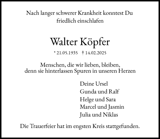 Traueranzeige von Walter Köpfer von Heimatspiegel