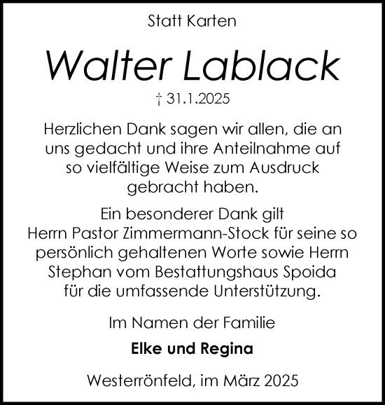 Traueranzeige von Walter Lablack von Schleswig-Holsteinische Landeszeitung