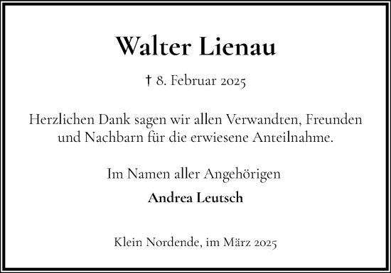 Traueranzeige von Walter Lienau von Elmshorner Nachrichten, Barmstedter Zeitung