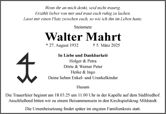 Traueranzeige von Walter Mahrt von Husumer Nachrichten, Nordfriesland Tageblatt