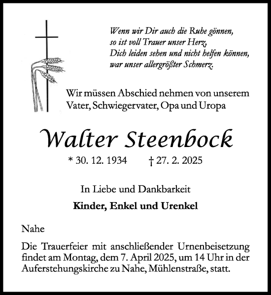 Traueranzeige von Walter Steenbock von Umschau