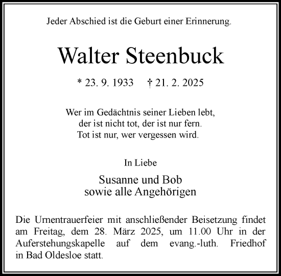 Traueranzeige von Walter Steenbuck von MARKT Bad Oldesloe/Reinfeld und Stormarner Tageblatt